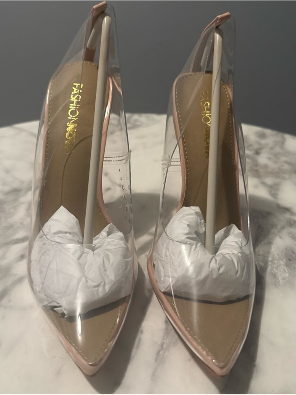 Fashion Nova Clear Pointed Toe Slingback Heels with Blush Trim